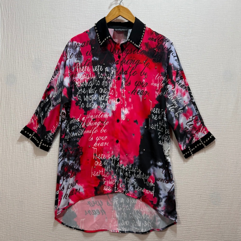Frank Lyman Button Up Shirt Womens SM Red Black Script Rhinestone Bold Edgy